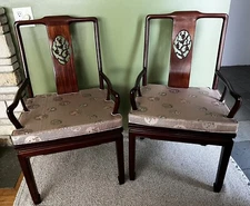 Chairs Chippendale Style (2 pc) Rose Wood Ornate Silk Cushions Chinoiserie Asian