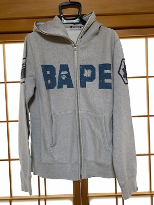 A Bathing Ape BAPE Men hoodie Gray Big Blue Front Logo Size M