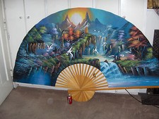 Vintage 50" x 85" Hand Painted Oriental Asian Wall Fan Wood Extra Large NICE