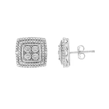 .925 Sterling Silver Diamond Accented Square Shaped Milgrain Stud Earrings (I...