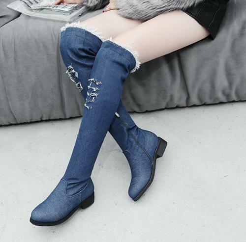 2024 Casual Denim Long Boots Zipper Shoes Over Knee High