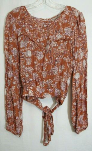 Wonderly Brown Floral Tie Waist Keyhole Back Long Sleeve Shirt Size XL NWT