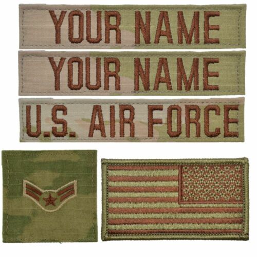 5 Piece Custom Air Force Name Tape & Rank & Flag w/ Hook Backing - 3-Color OCP - Afbeelding 1 van 1