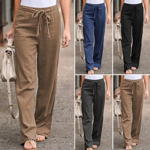 Zanzea Womens Summer Wide Leg Solid Long Pants Elastic Waist Solid Work Trousers