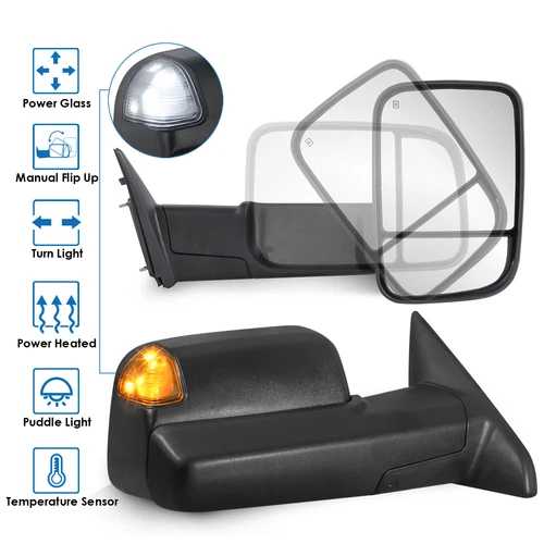 Power Heated Tow Mirrors w/ White Running Light Turn Signal For 09-18 Dodge Ram
