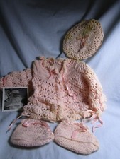 Vintage Pink Crocheted Baby Outfit-Sweater-Booties-Beret/Handmade