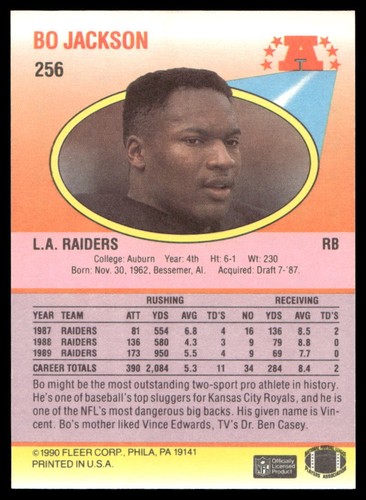 1990 Fleer #256 Bo Jackson Los Angeles Raiders GEM MINT - Picture 2 of 2