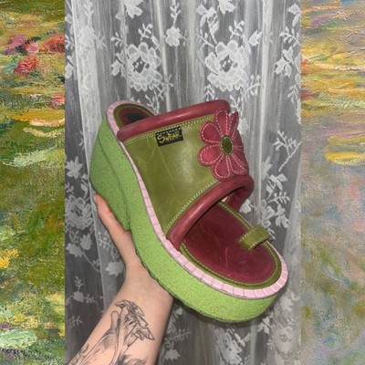 Swear Platform Wedge Slide Sandals Floral Slip-On Green Pink  display picture 1