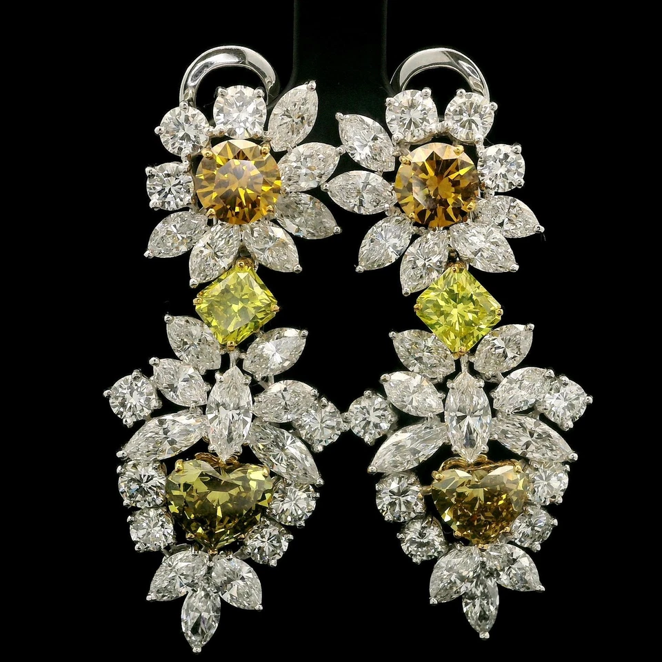 Stunning Platinum & Gold GIA 19.96ctw Fancy Color Diamonds Dangle Drop Earrings - Image 2 of 4