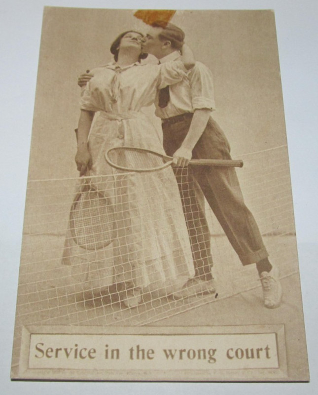 Early 1900's Sports Tennis Love & Romance Comic Postcard Man Riding the Net