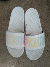 Victoria Secret pink Single Strap Logo slides Large 9/10 White Rainbow Logo