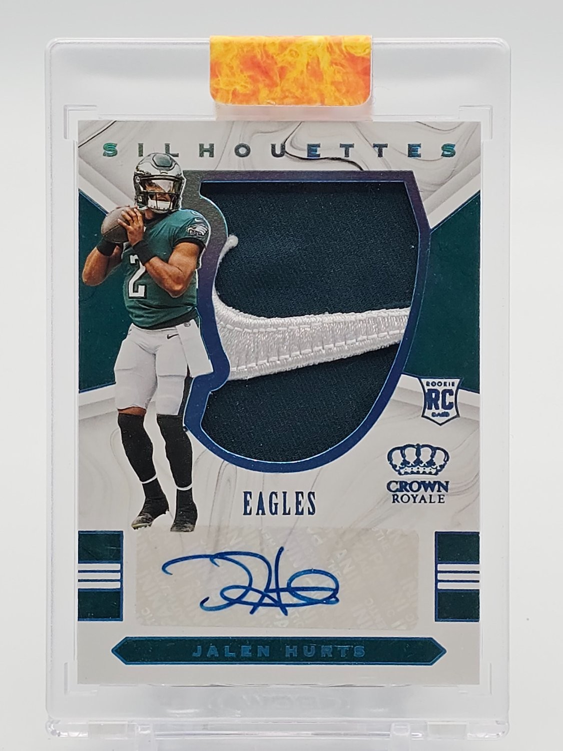 JALEN HURTS 2020 CROWN ROYALE SILHOUETTES BRAND LOGO ROOKIE PATCH AUTO /2 Q4409