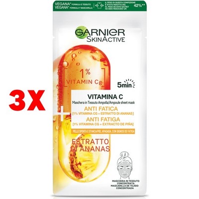 3 X Garnier Skin Active Ampoule Sheet Mask Maschera In Tessuto Energizzante 15 G