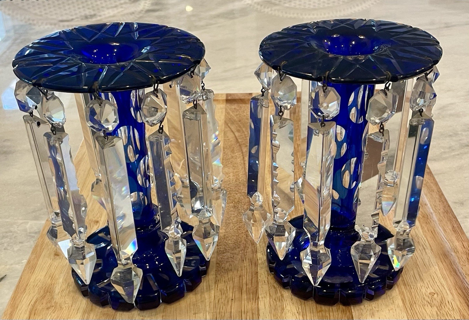 Antique Victorian Era Cobalt Blue Mantel Lusters 7.5” Tall 5” Dia.  Set Of 2