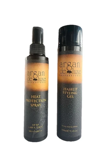Argan deluxe professiomal heat protection and hairup styling gel set.