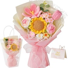 Crochet Flower Bouquet Pink Knitted Flowers  Handmade Sunflowers Tulips Rose...