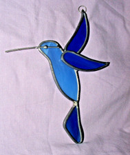 Vtg 2 Shades of Blue Stained Glass Hummingbird Sun Catcher 6.5" x4.75" Handmade