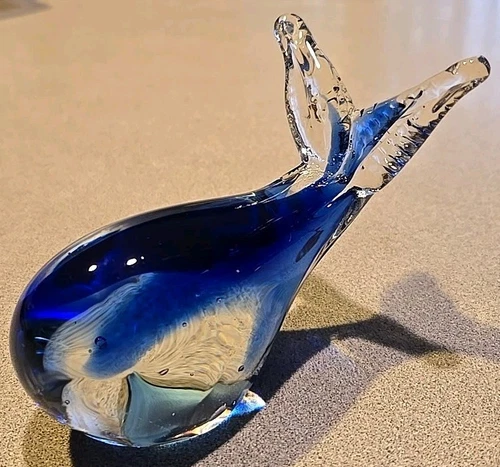 Vintage Murano StyleArt Glass Blue Whale Paperweight Sculpture