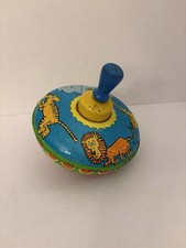 Vintage 1960's Spinning Top Ohio Art Metal with Wood Handle Litho Tin Zoo Animal