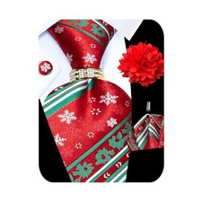 5PCS Mens Silk Tie, Pocket Square, Cufflinks, Red Christmas Tie Set -217