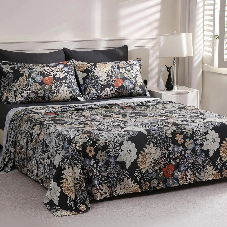 Juego de sábanas ajustables florales tamaño queen, 6 piezas, bolsillo profundo negras Foto 2 de 4