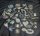 Huge Lot Vintage Silver Tone Rhinestone Brooches Pins Costume Jewelry