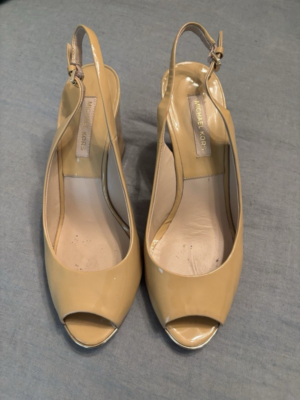 Michael Kors Beige Patent Leather Peep-toe Wedges - Size 37
