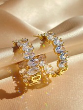 Gold White Cubic Zirconia Hoop Earrings One Size