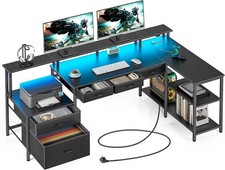 L Shaped Computer Desk with USB Ports Power Outlets LED Strip Drawers Black