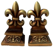 Set Of Heavy Bookends Gold Fleur De Lis Ceramic Resin Antique Bronze Style 8"