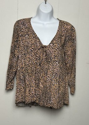 Hem & Thread Women s Rayon Animal Print Blouse V Neck Gathered Flowy Size M