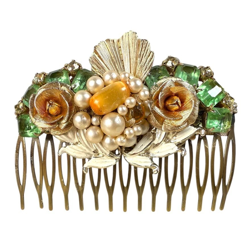 Peine para el cabello de novia cristal verde accesorio de boda floral joyería vintage pieza para el cabello Foto 2 de 4