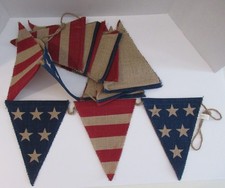 July 4th Rustic Americana Patriotic Red/Tan/Blue Burlap Flag Pennant Garland 12'