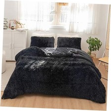 Faux Fur Comforter Set 3Pcs Shaggy Plush Velvet Comforter Soft Queen Black