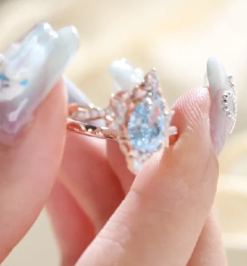 1.6 Ct Pear Cut Aquamarine/Moissanite Wedding Cluster Ring 14K Rose Gold Plated - Image 2 of 4