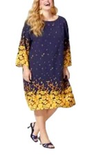 Grace Karin Floral Hem Dress Sz L Split Sleeve Navy Yellow Career Party Cottage