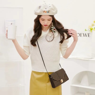 Brown and Tan Pu Leather Crossbody Bag with Checkered Pattern and Gold Clasp