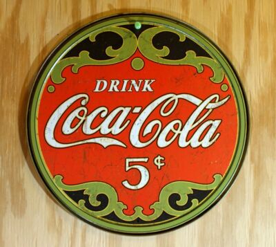 Coca Cola 5 cent Tin Metal Round Sign Soda Pop Bottle Classic Logo Coke Green Re