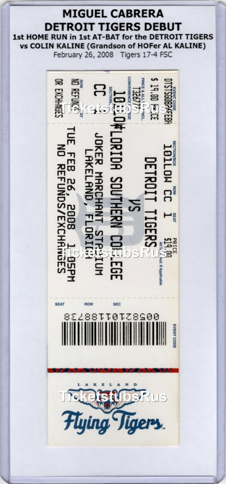 Miguel Cabrera DETROIT TIGERS DEBUT 1st GAME HR #1 vs FSC 2/26/2008 Full Ticket