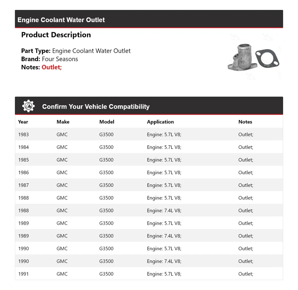 For 1983-1991 GMC G3500 Engine Coolant Water Outlet 4 Seasons 1984 1985 1986 - Image 2 of 4