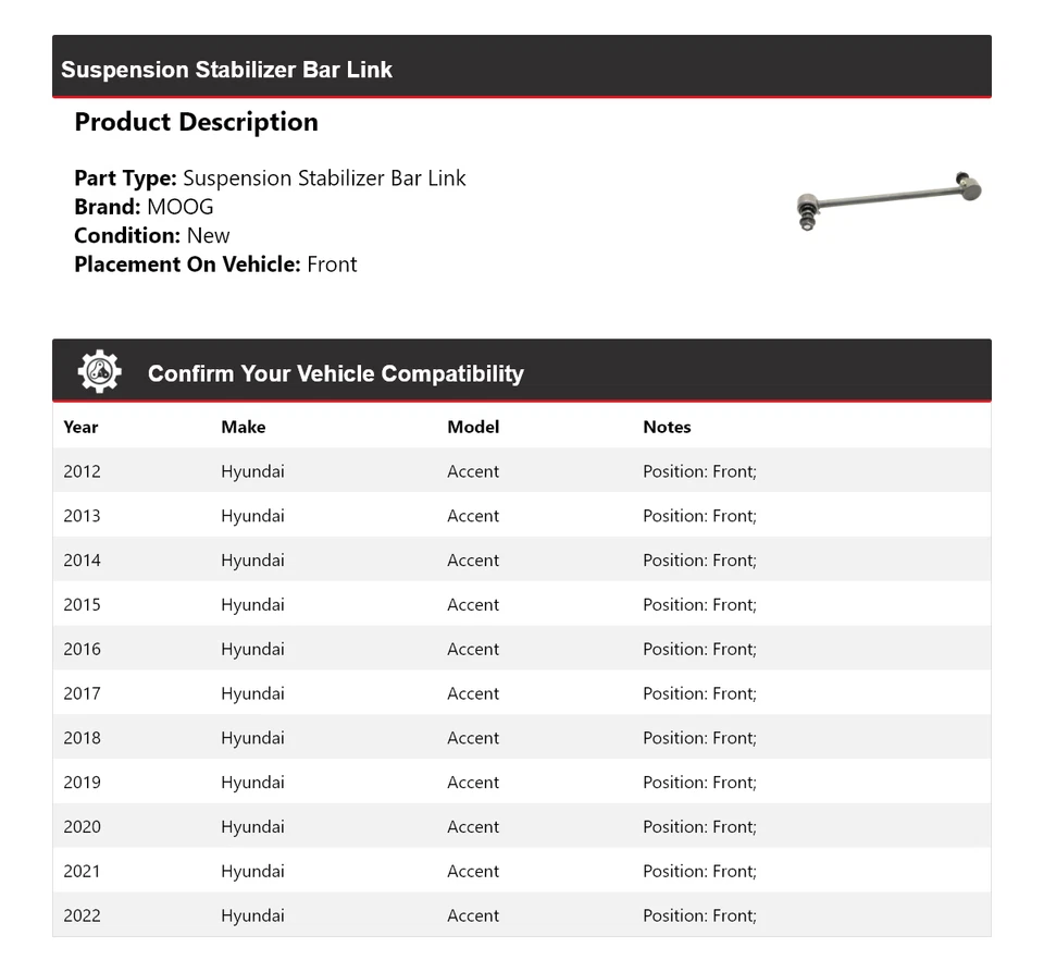 Para 2012-2022 Hyundai Accent estabilizador de suspensão barra link dianteiro MOOG 2012 2013 - Imagem 2 de 4