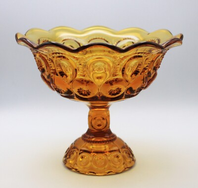 Vintage LE Smith Amber Glass Moon And Star Pedestal Scalloped Edge Candy Dish