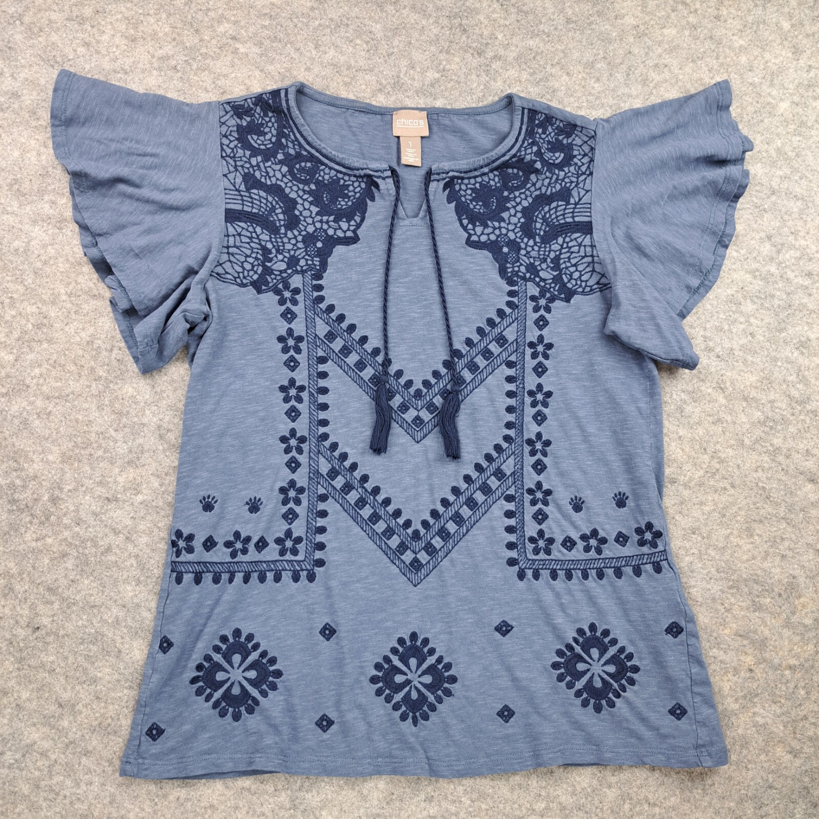 Camisa Chicos 1 Mujer Pequeña Azul Floral Manga Acampanada Bordada Boho Top