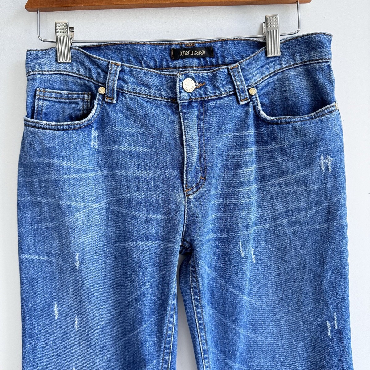 Jean Vintage Roberto Cavalli Pour Femme - Denim Bleu Avec Broderies Et Inserts Cuir - Taille S