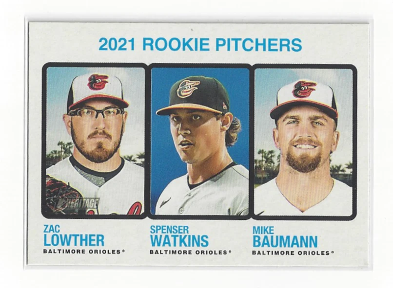 Lowther Watkins Baumann RC 2022 Topps Heritage #72 Orioles Rookie Pitchers RAW
