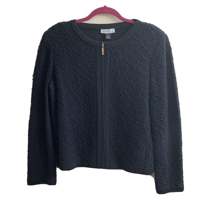 St.John Sport Black Textured Zip Up Jacket Gold Zipper Detail Womans