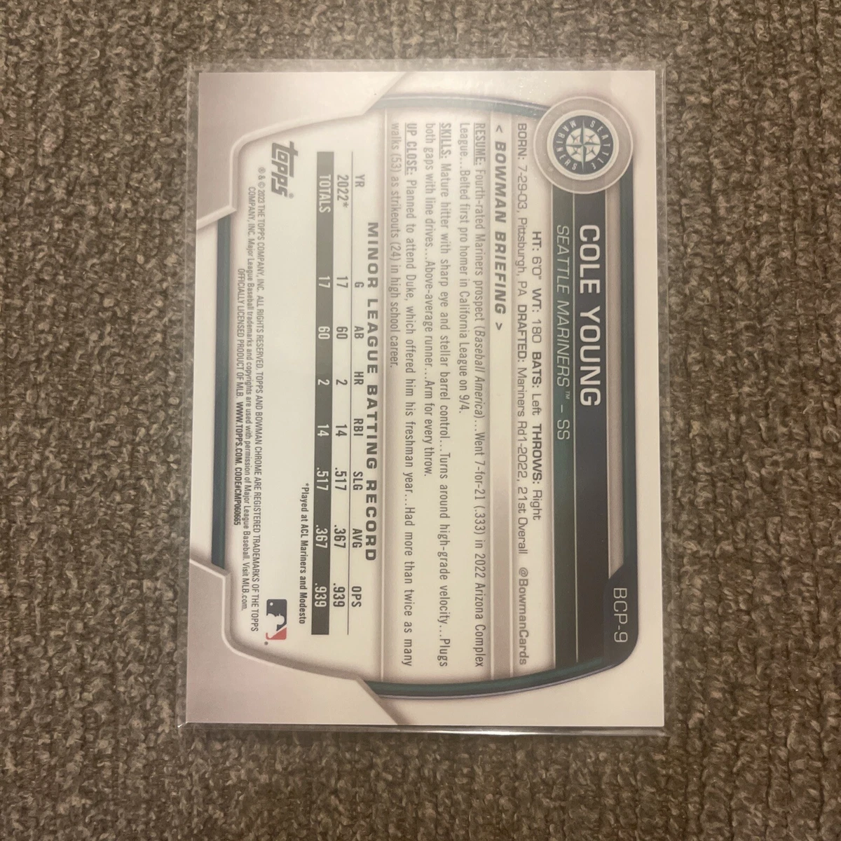Cole Young 2023 TOPPS PRO DEBUT CHROME ORANGE LAVA REFRACTOR RC