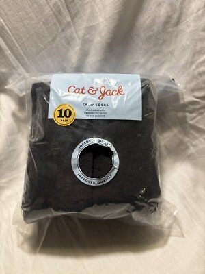 New Cat & Jack Crew Socks, 10 Pairs Size Medium 9-2.5, Black WQ8