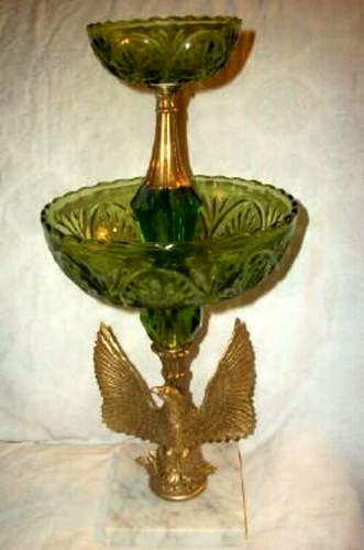 EARLY AMERICAN EAGLE GREEN GLASS COMPOTE 2 TIER MARBLE BRASS AMERICANA STYLE