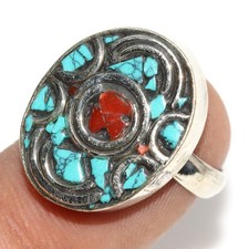 Nepali Tribal Tibetan Turquoise Red Coral Jewellery Ring Us FreeSize JW